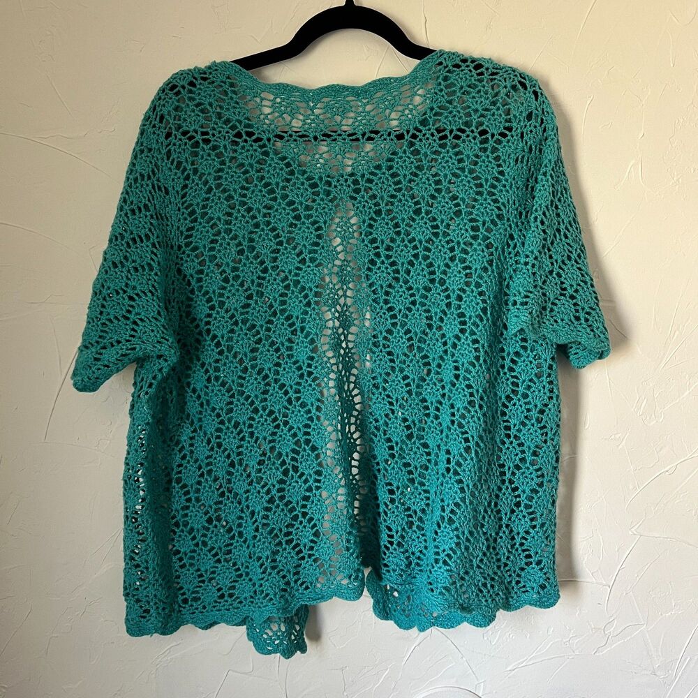 Teal Crochet Short Sleeve Open Knit One Button Cardigan Boho Beachy y2k Coastal - Picture 4 of 7